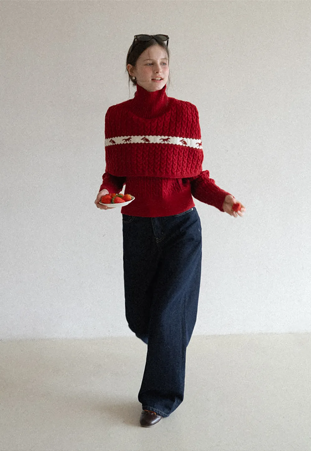 Turtleneck Cable Knit Sweater with Horse Pattern Stripe