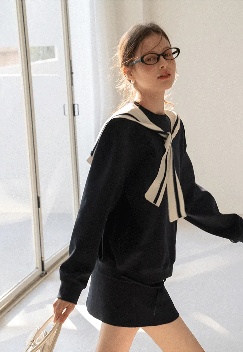 Sailor collar sweatshirt scarf shawl skirt set