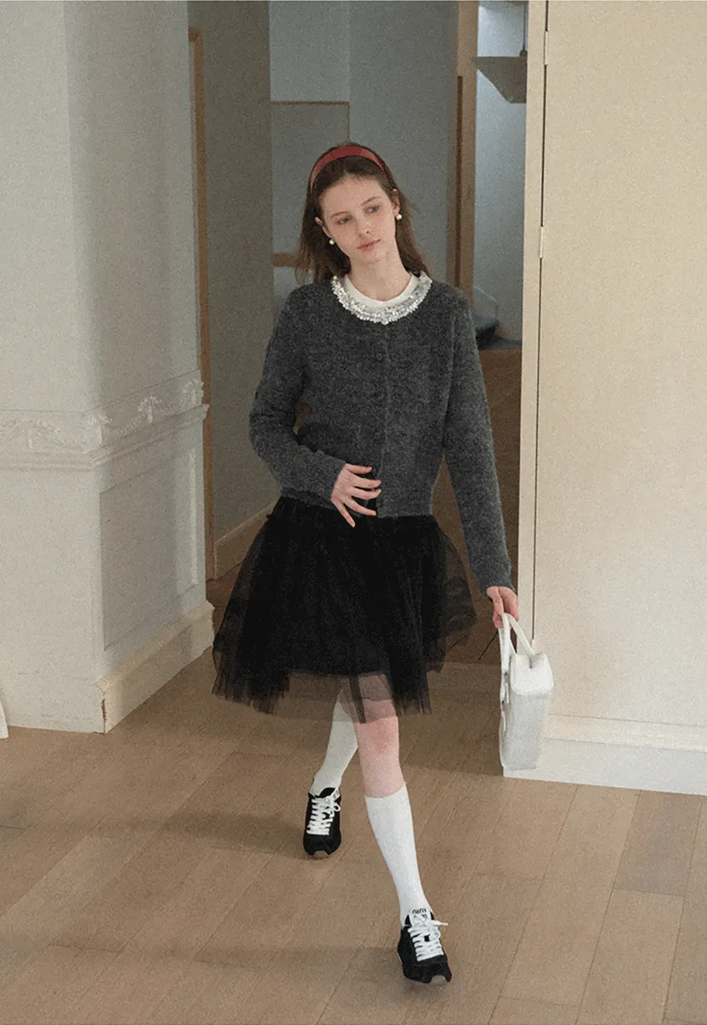 Elegant Woolen Knit Sweater with Embellished Neckline and Long Sleeves