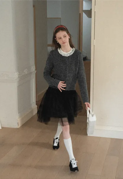 Elegant Woolen Knit Sweater with Embellished Neckline and Long Sleeves