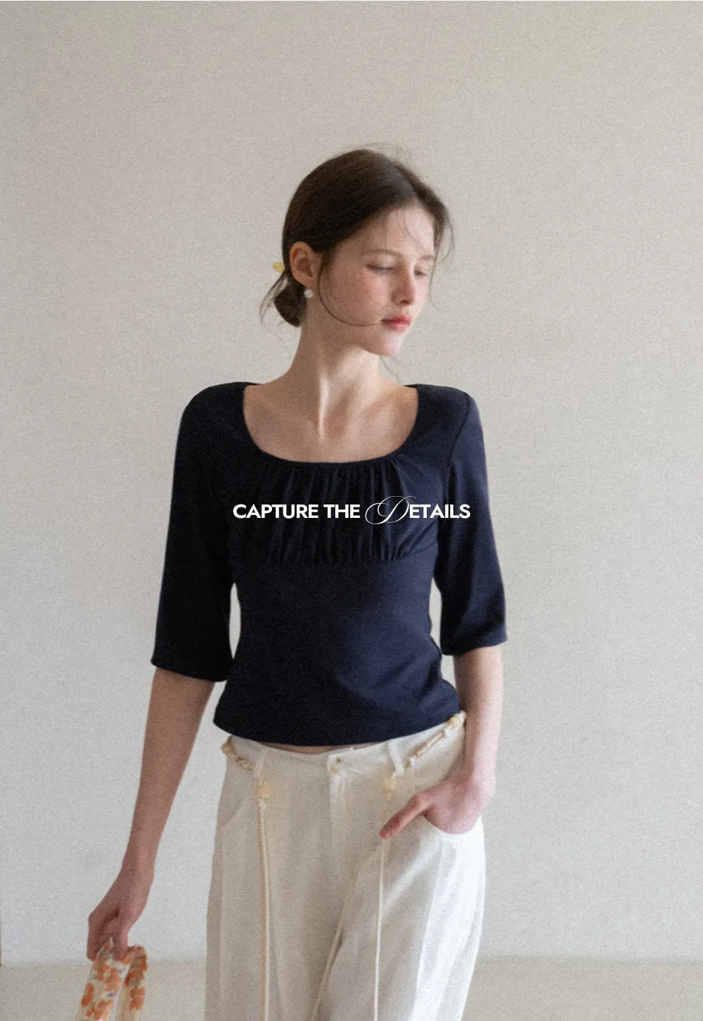 Square neck short sleeve top with gathered detail