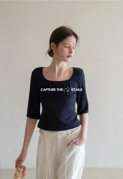 Square neck short sleeve top with gathered detail