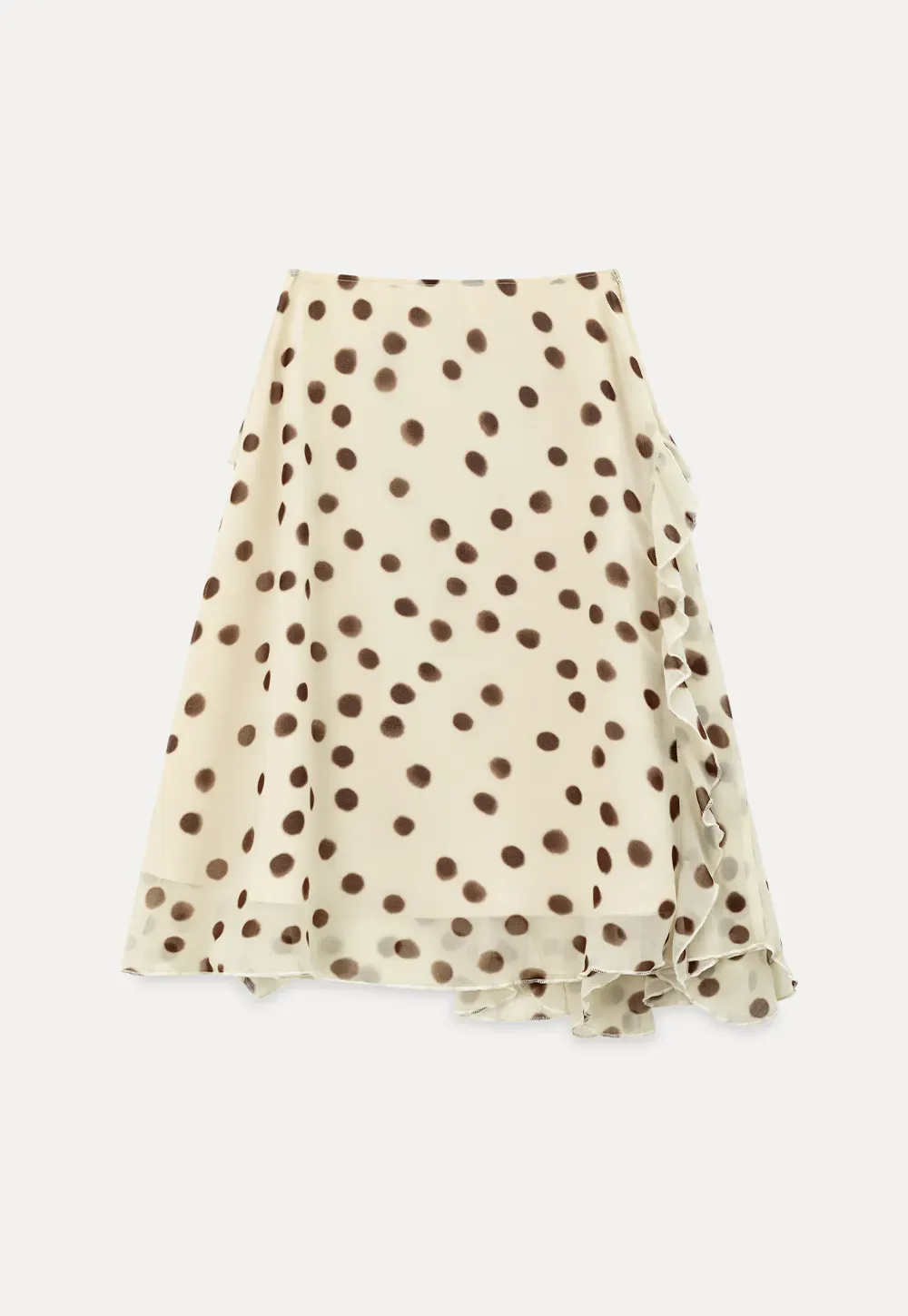 Polka dot ruffled asymmetrical midi skirt