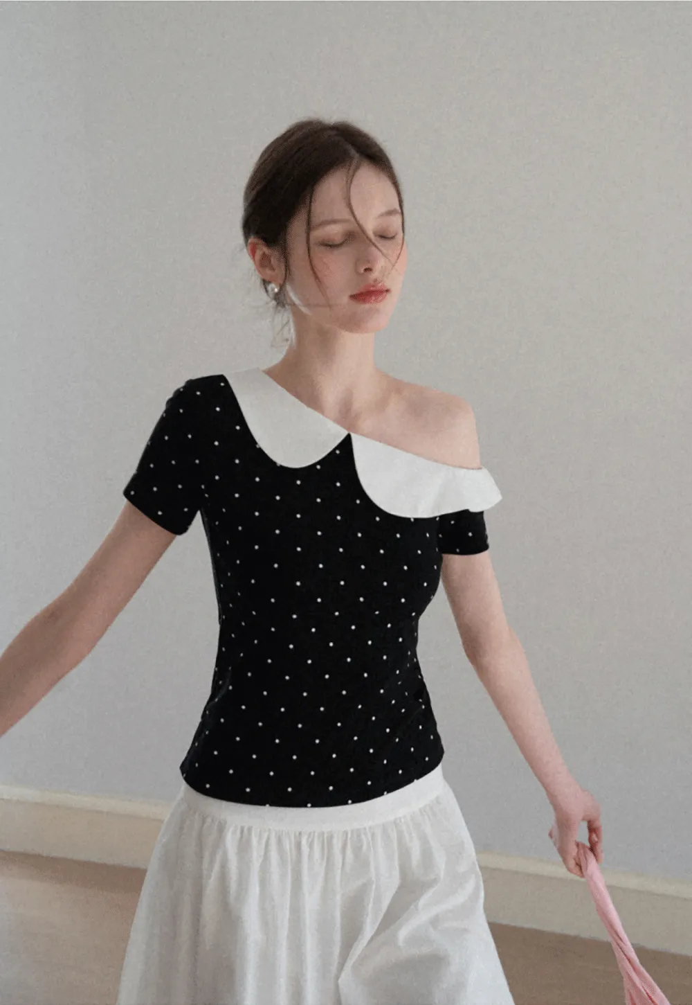 Polka dot short sleeve top with Peter Pan collar