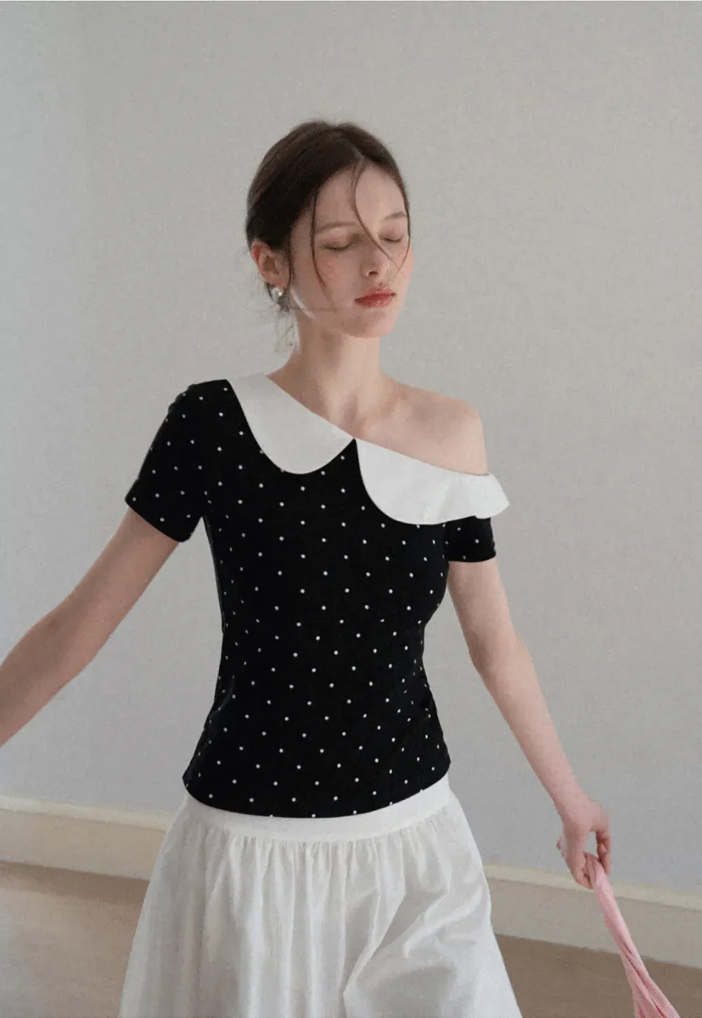 Polka dot short sleeve top with Peter Pan collar