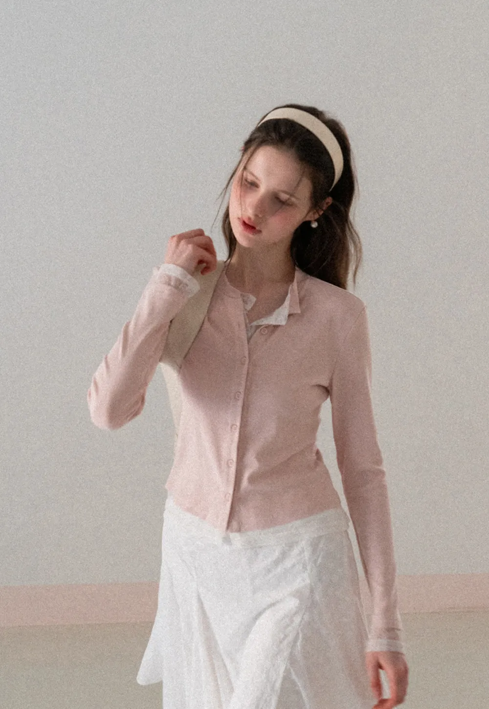 Long sleeve button front knit top with collar