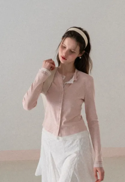 Long sleeve button front knit top with collar