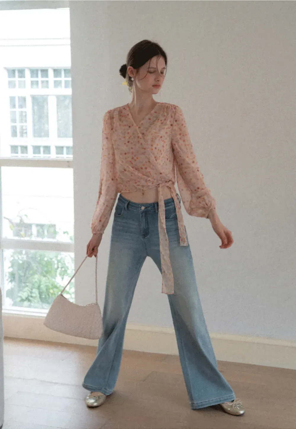 Lace Chiffon Wrap Blouse with Long Sleeves