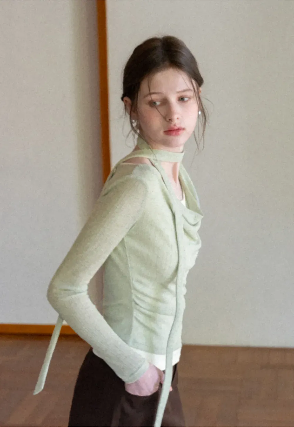 Long sleeve knit top with back tie detail