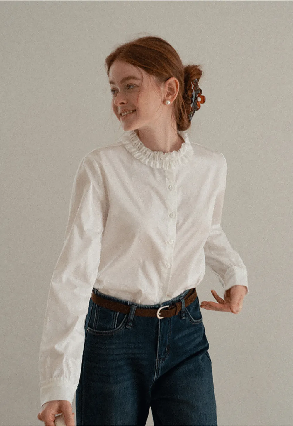 Elegant Blouse with Ruffled Collar and Cuffs
