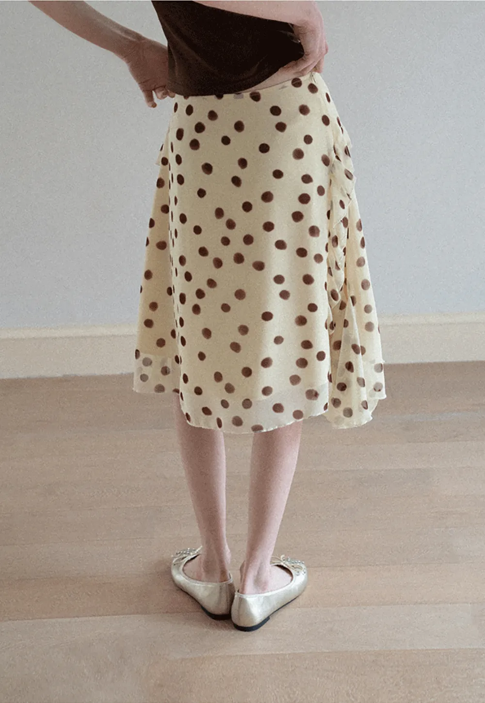 Polka dot ruffled asymmetrical midi skirt