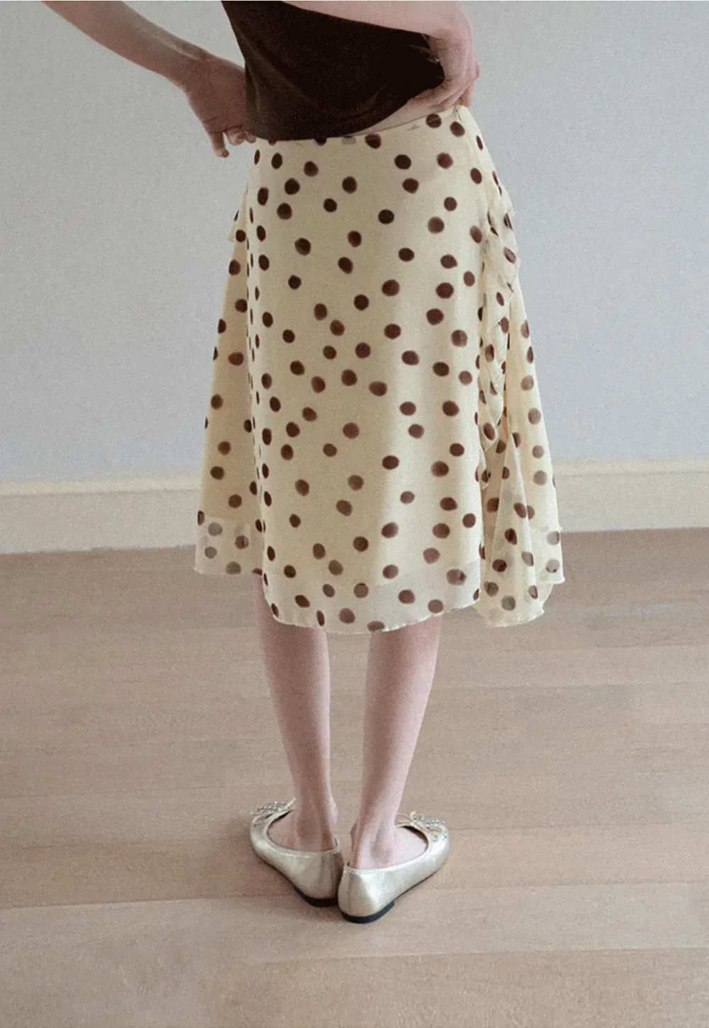 Polka dot ruffled asymmetrical midi skirt