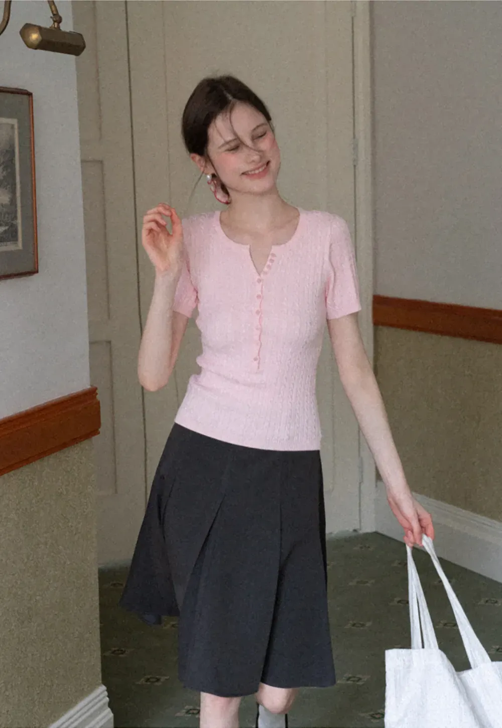 Cable Knit Short Sleeve V Neck Sweater