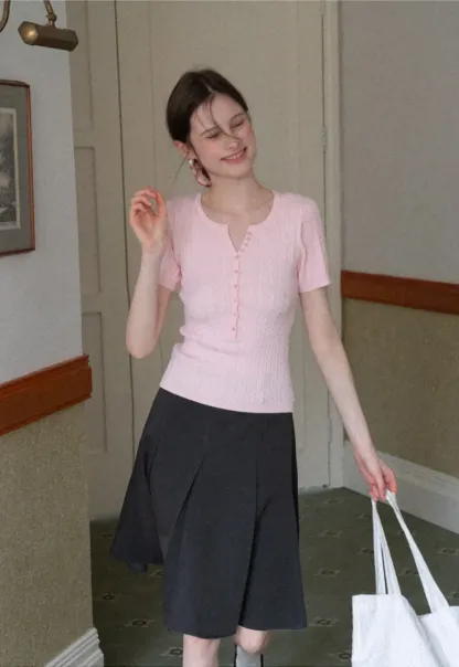 Cable Knit Short Sleeve V Neck Sweater