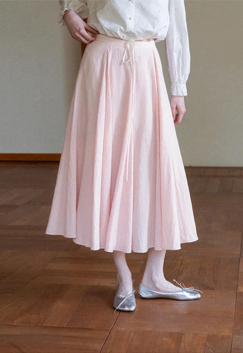 Flowy Pleated Midi Skirt with Drawstring Waist