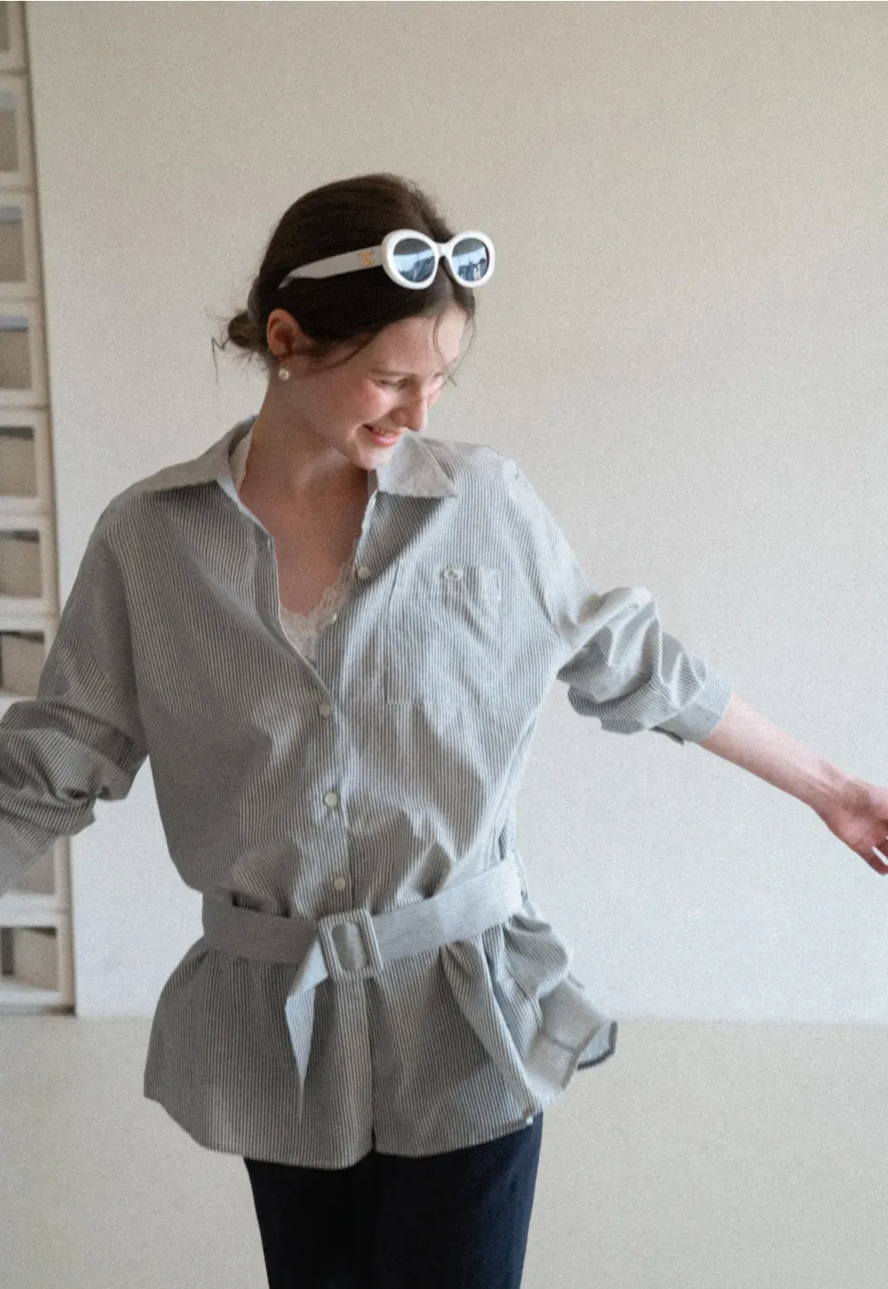 Striped Shirt with Belt and Lace Trim Tank Top