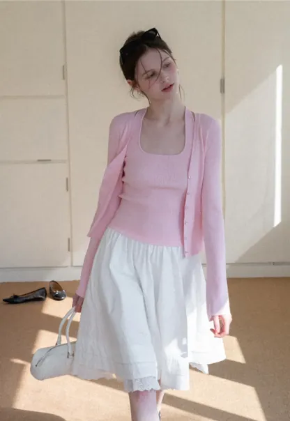 Light Knit Sweater Set with Tank Top and Cardigan Design