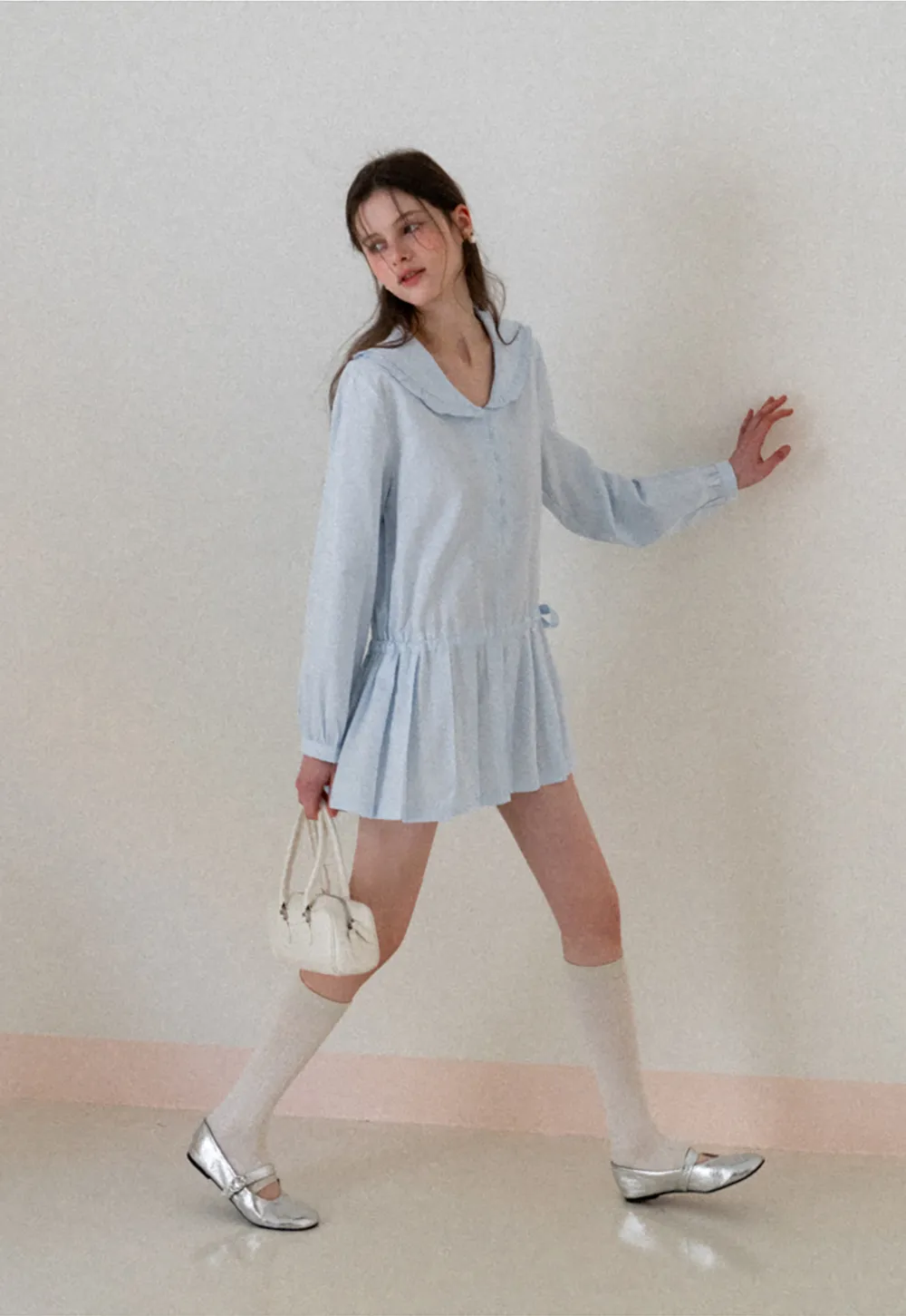 Pleated Hem Long Sleeve Blouse with Ruffled Collar