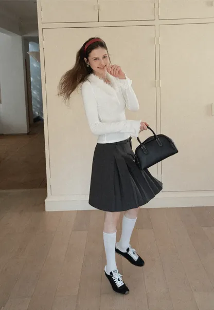 Pleated A Line Skirt with Belt Detail