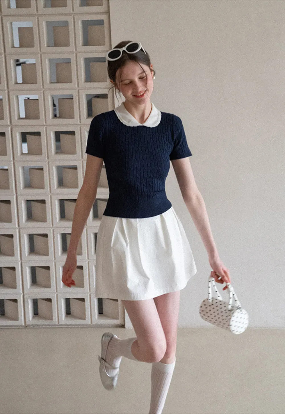 Cable Knit Short Sleeve Sweater with Collar