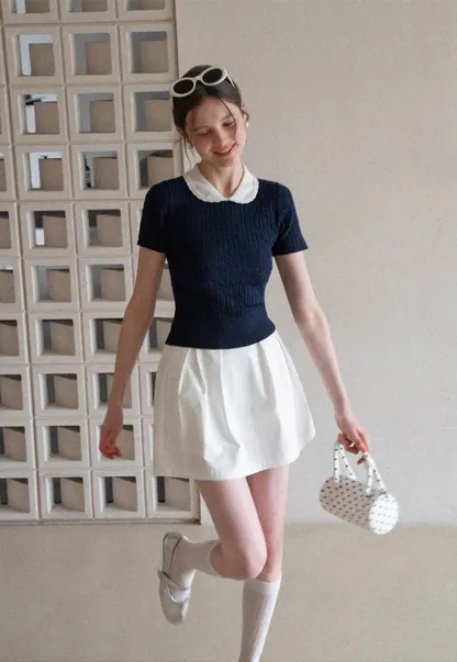 Cable Knit Short Sleeve Sweater with Collar