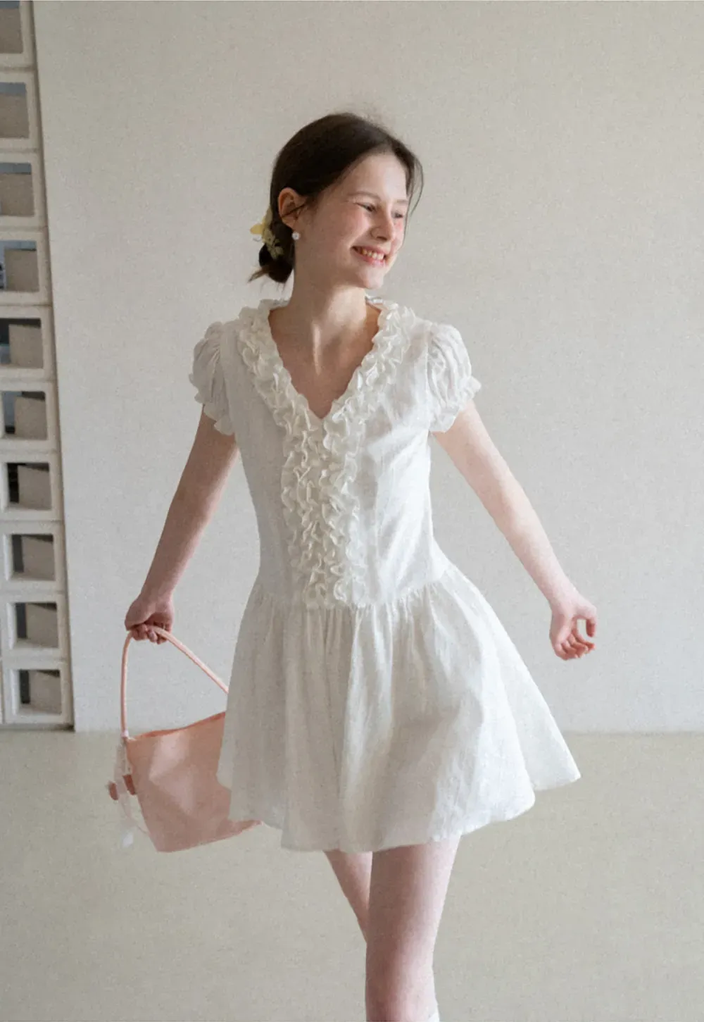 Ruffled V Neck Short Sleeve A Line Dress