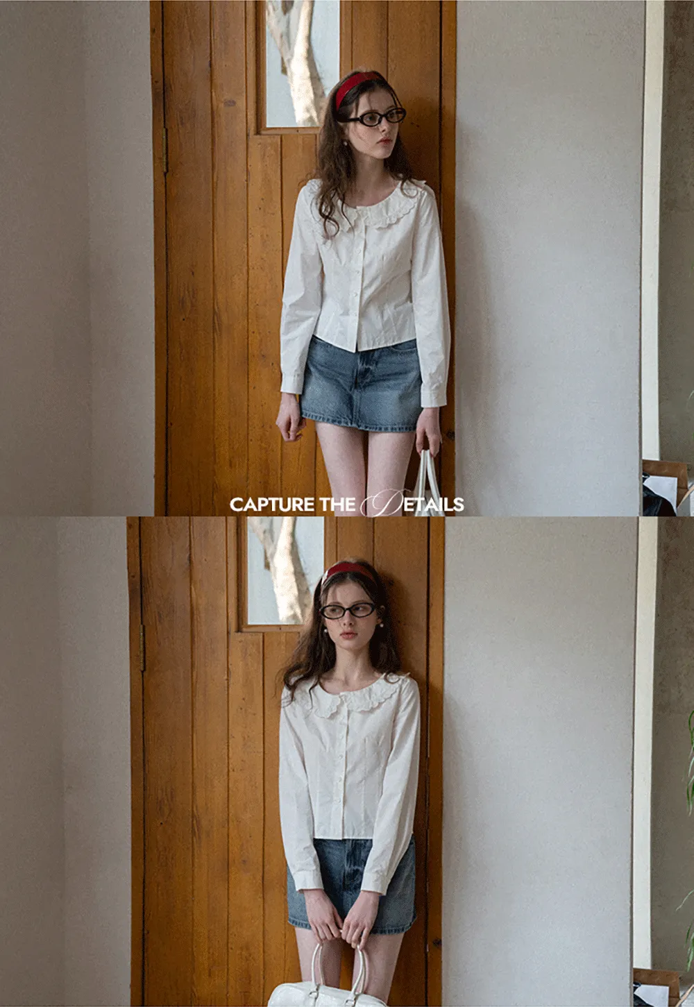 Long sleeve button front shirt with lace collar