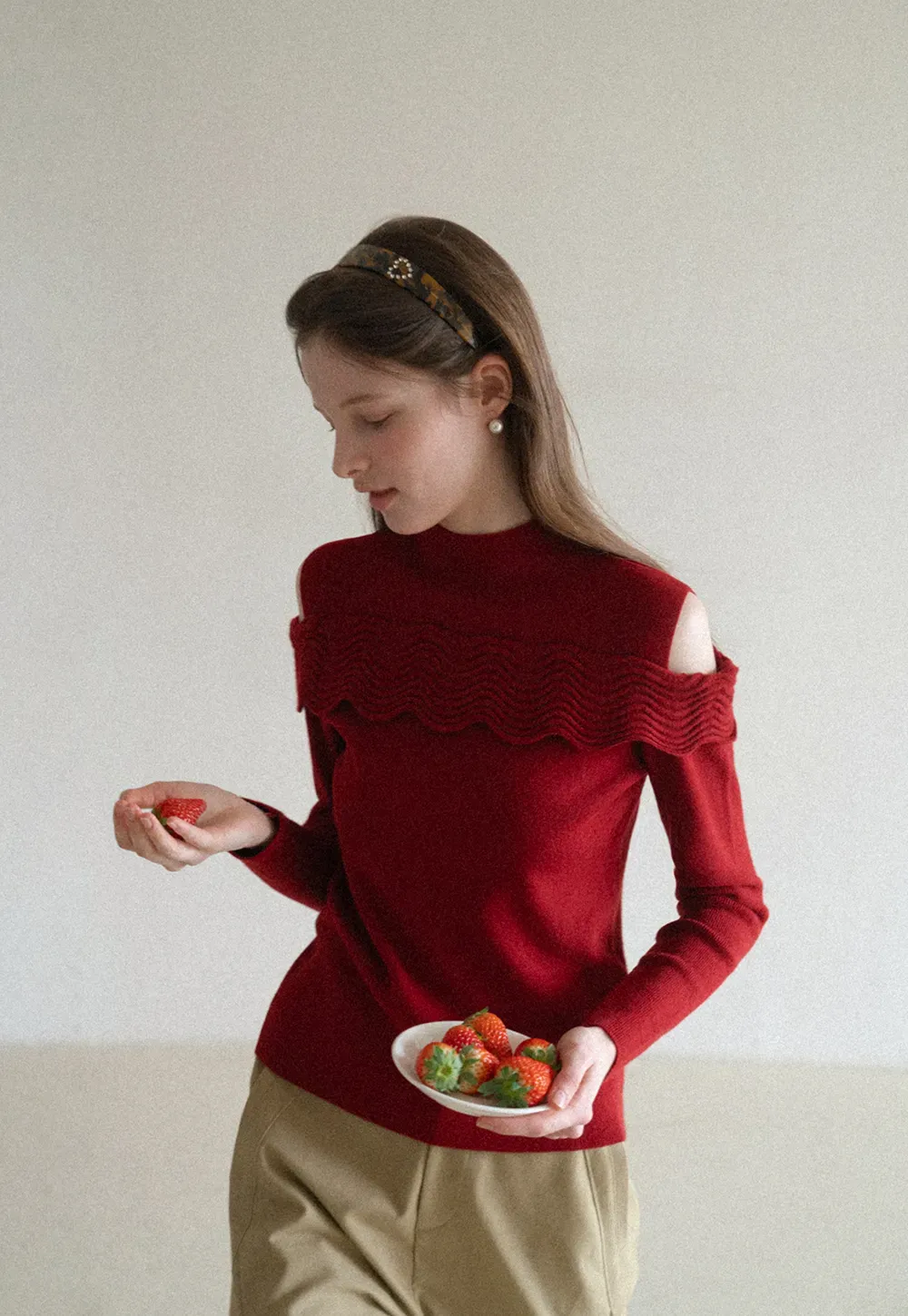 Elegant Off Shoulder Knit Sweater with Wave Detail