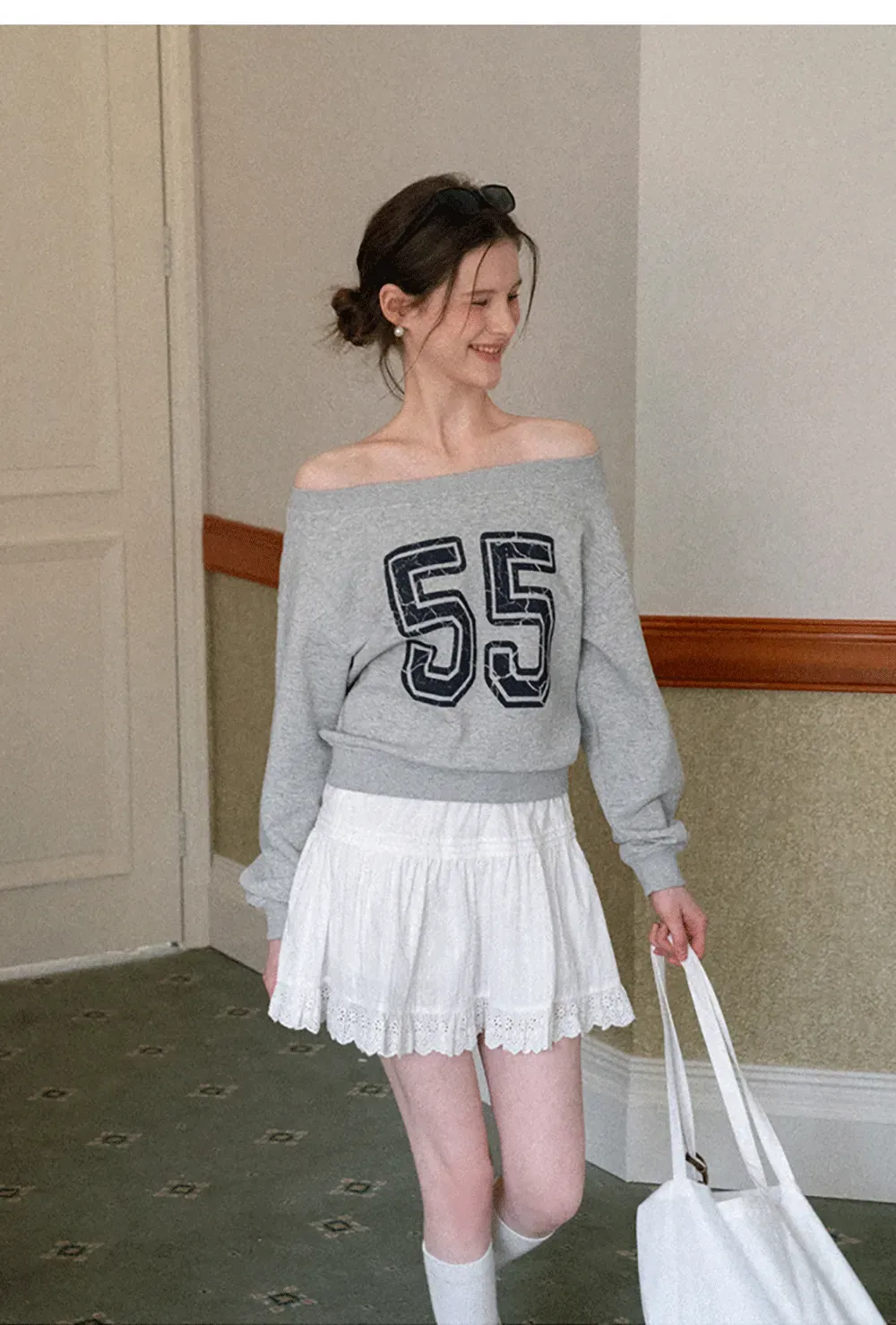 Off Shoulder Sweatshirt with Number Print