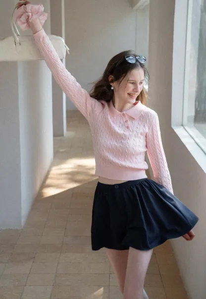 Cable Knit Long Sleeve Polo Neck Cropped Sweater