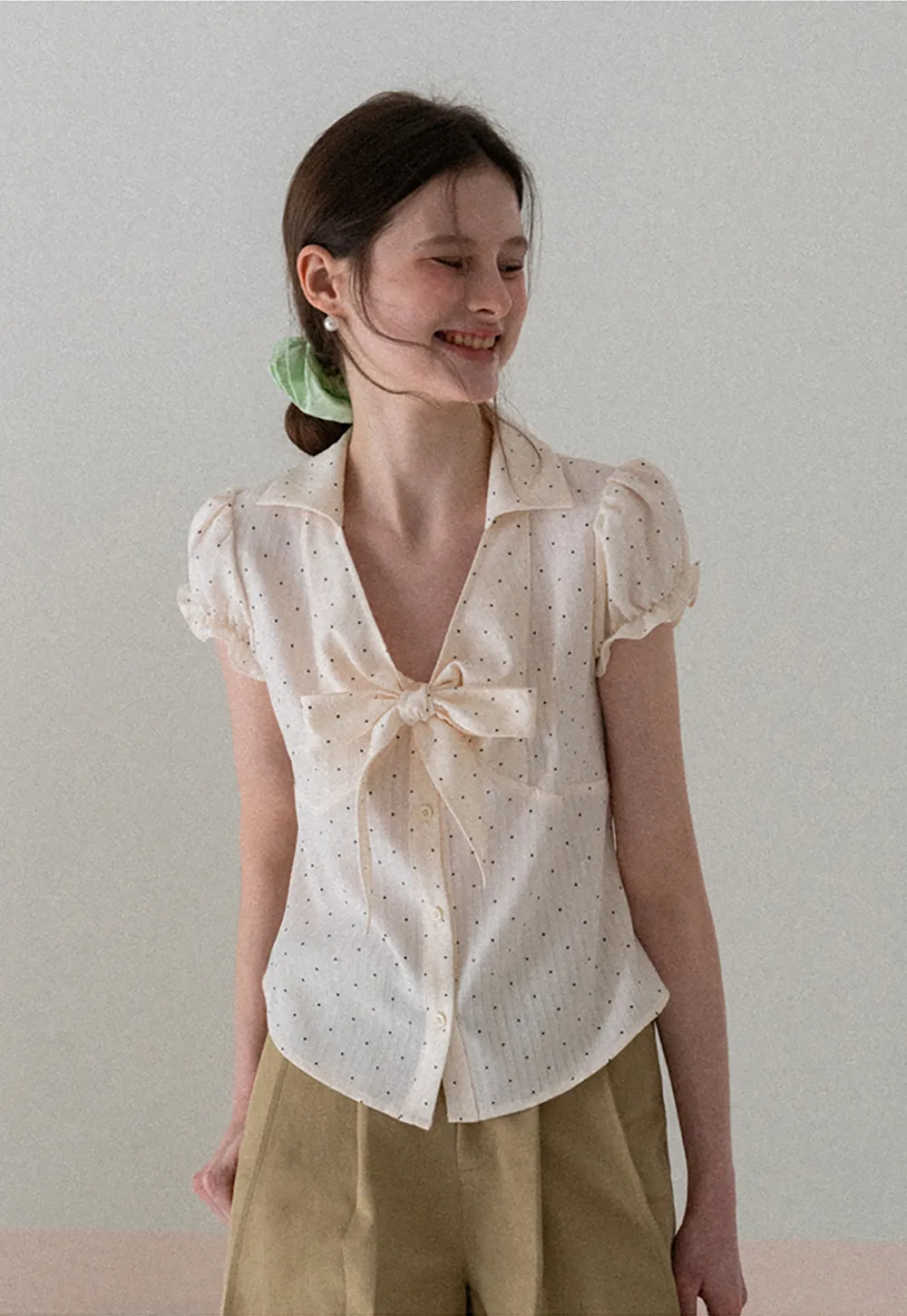 Short Sleeve Shirt with Bow Detail and Polka Dots