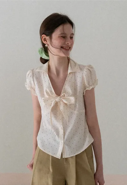 Short Sleeve Shirt with Bow Detail and Polka Dots