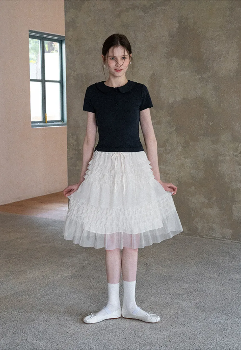 Tiered Ruffled Sheer Skirt with Drawstring Waist