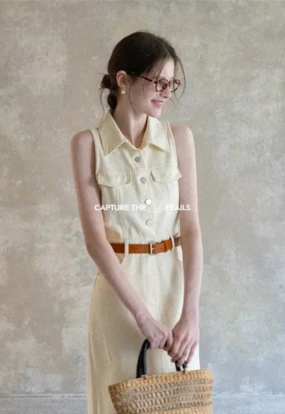 Sleeveless Collared Button Front Midi Dress