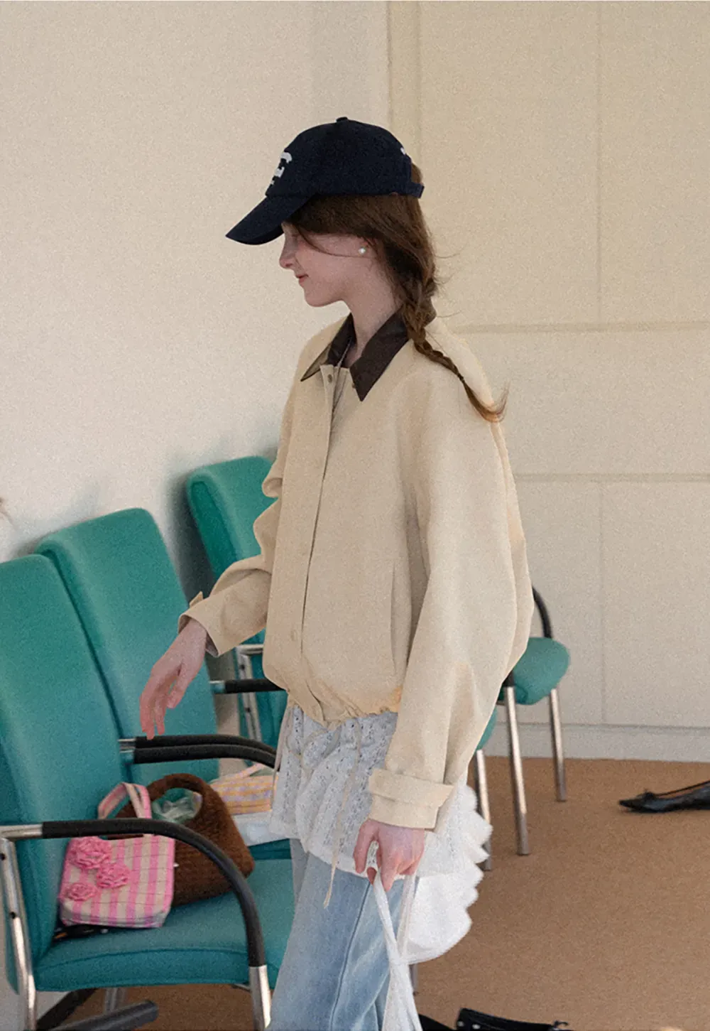 Short jacket with contrast collar and front buttons