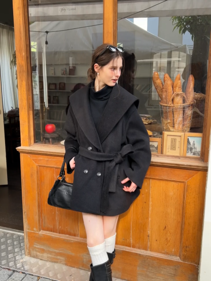Cozy Black Oversized Coat with Knee-High Boots