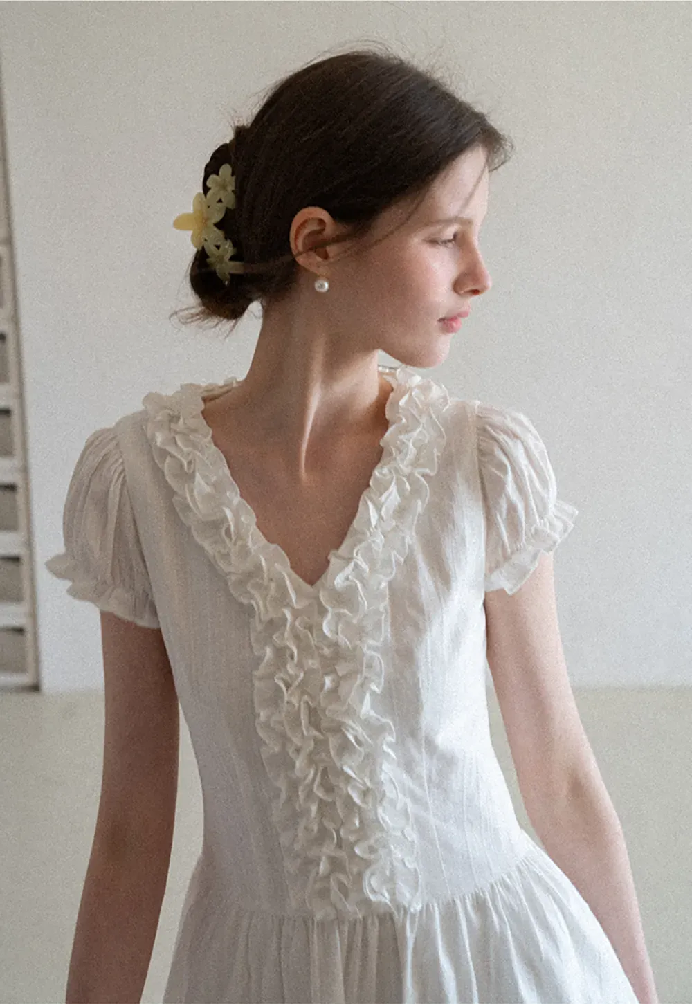 Ruffled V Neck Short Sleeve A Line Dress