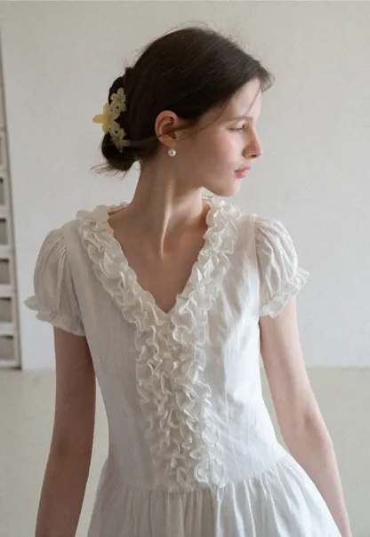 Ruffled V Neck Short Sleeve A Line Dress