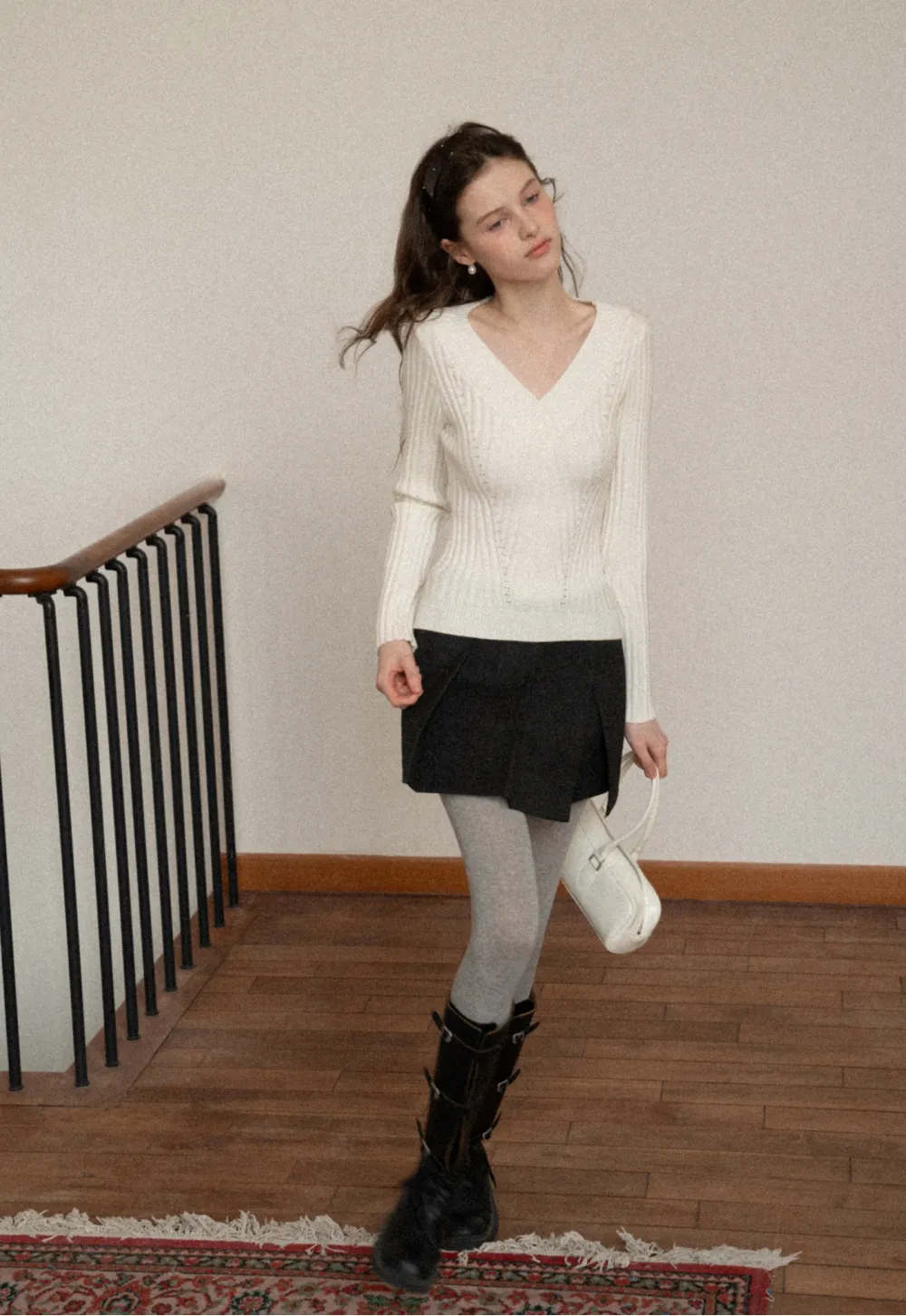 Elegant Ribbed Knit Sweater with V-Neck Design