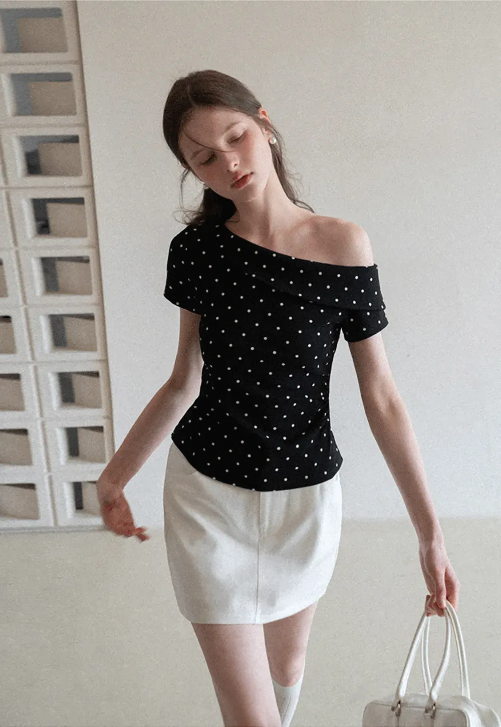 Polka dot off shoulder short sleeve tops