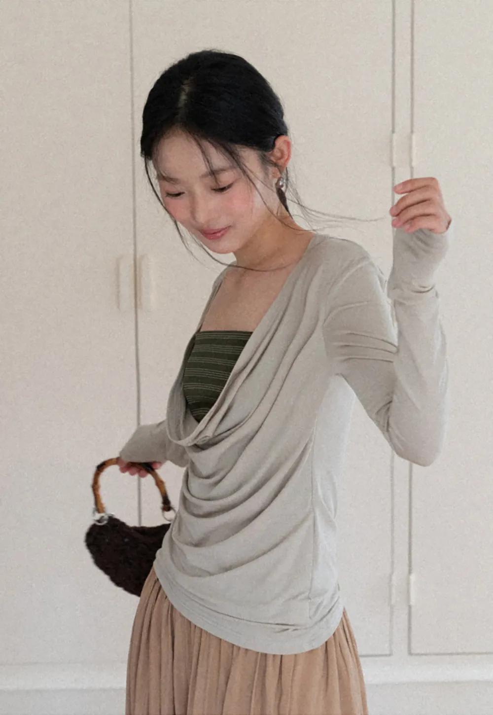 Long sleeve draped neckline top with square cutout