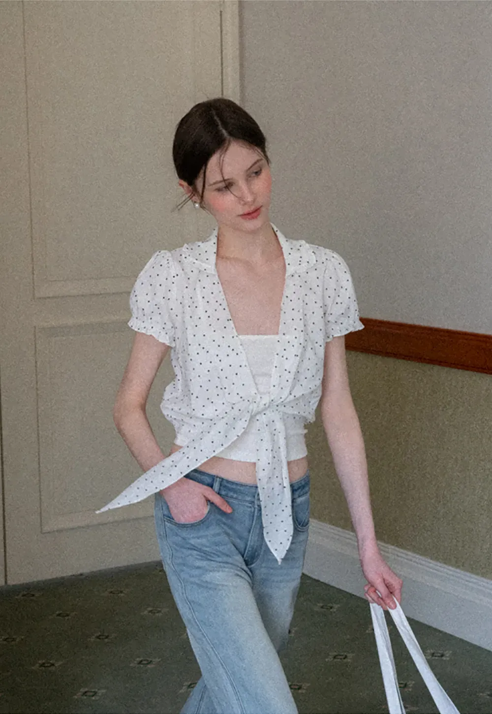 Polka dot short sleeve shirt with front tie detail