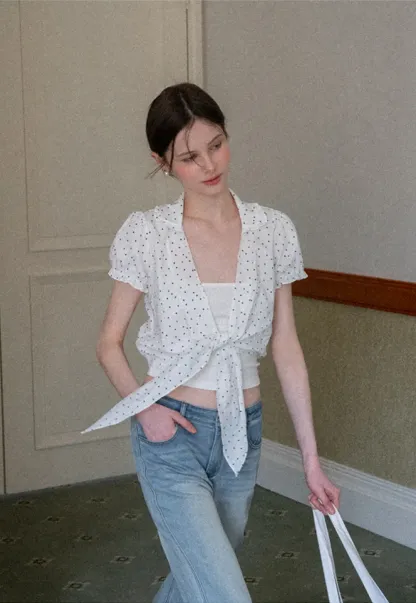 Polka dot short sleeve shirt with front tie detail