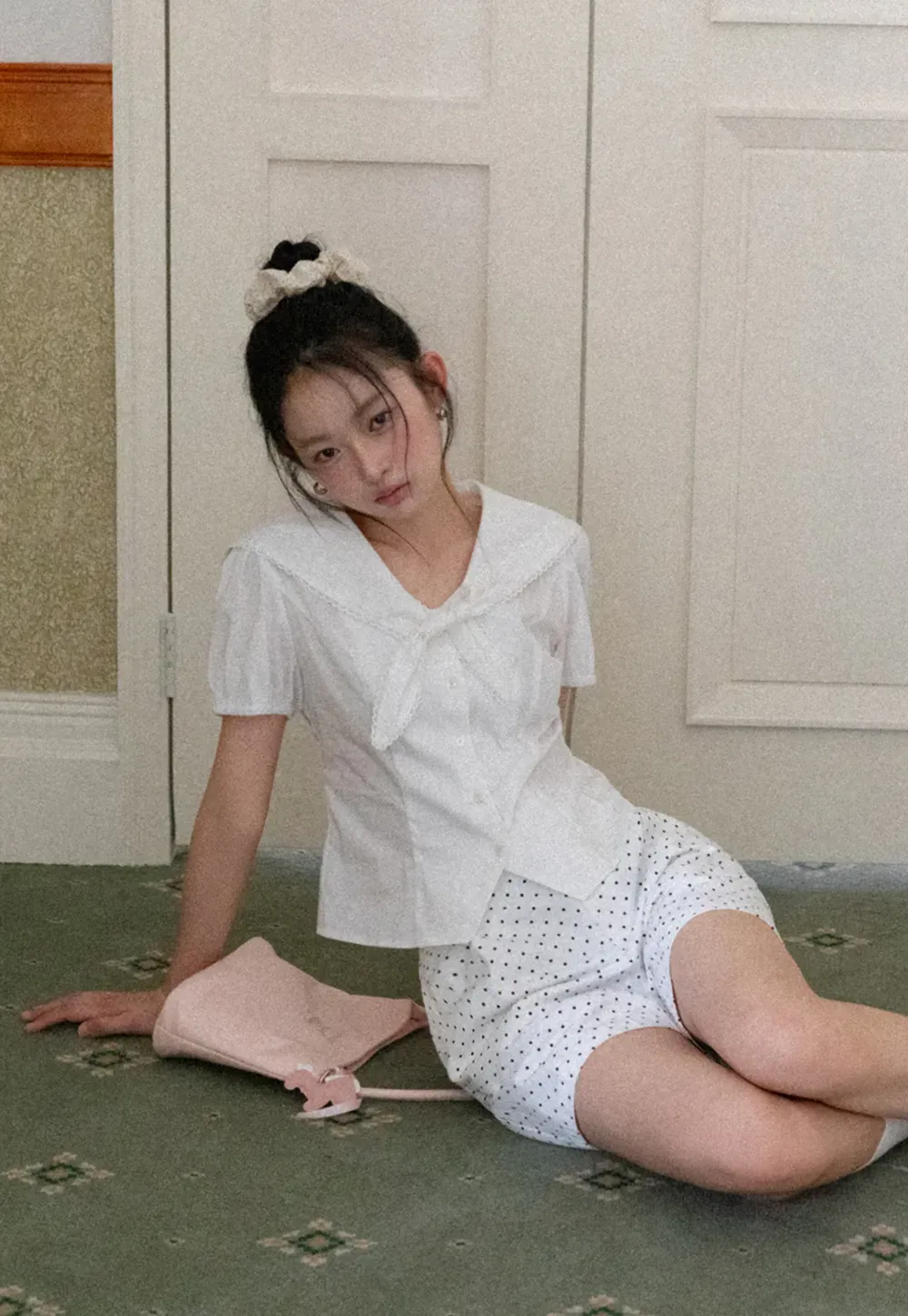 Short Sleeve Shirt with Collar and Bow Detail