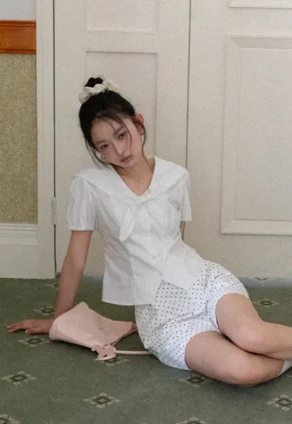 Short Sleeve Shirt with Collar and Bow Detail