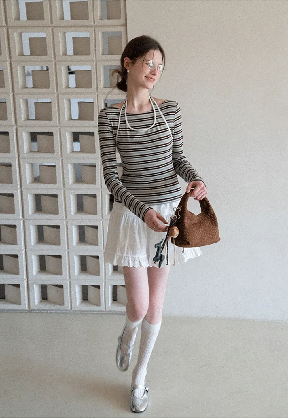 Long sleeve striped top with halter neck detail
