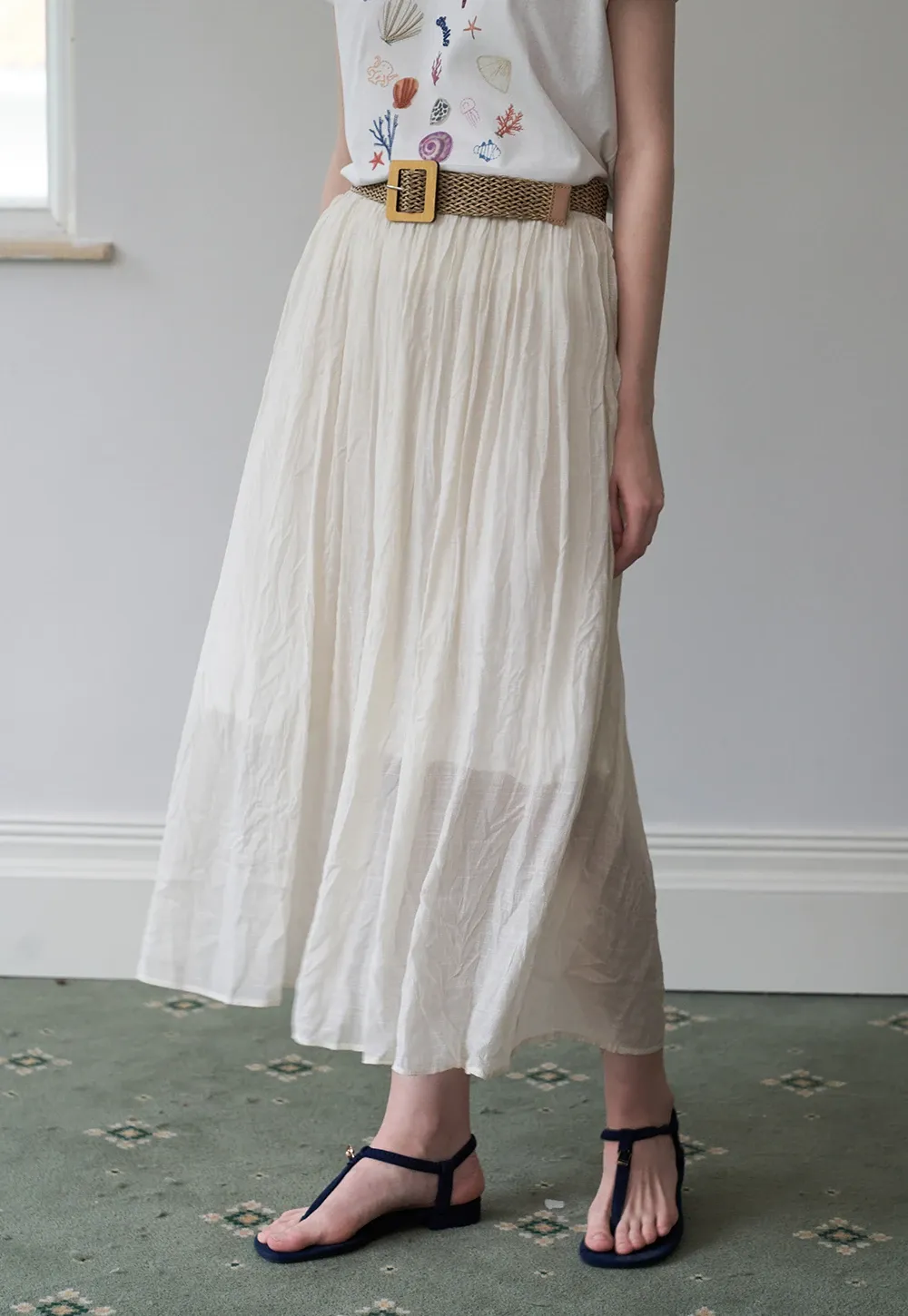 Pleated Midi Skirt with Belt