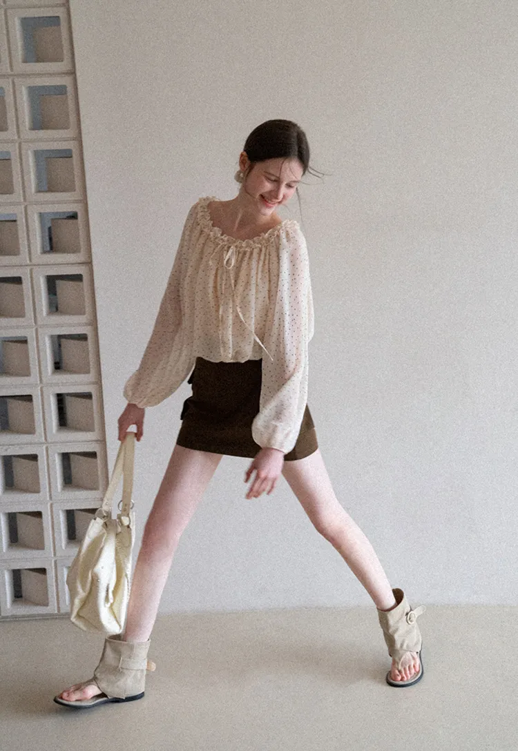 Polka Dot Ruffled Off Shoulder Chiffon Blouse