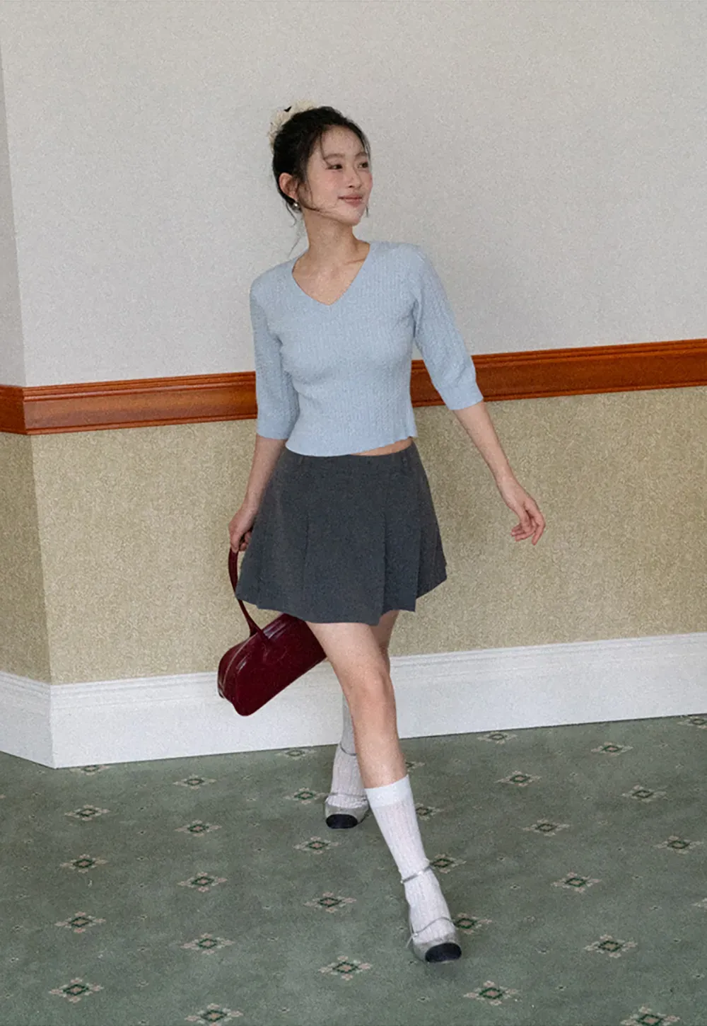 V Neck Ribbed Knit Crop Top