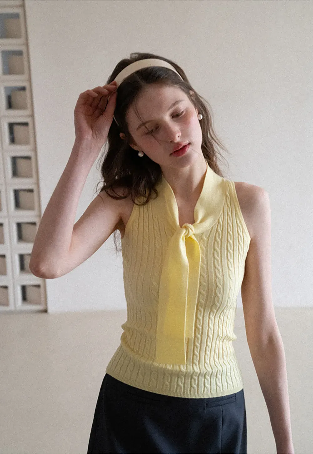 Knit Sleeveless Top with Front Bow Detail